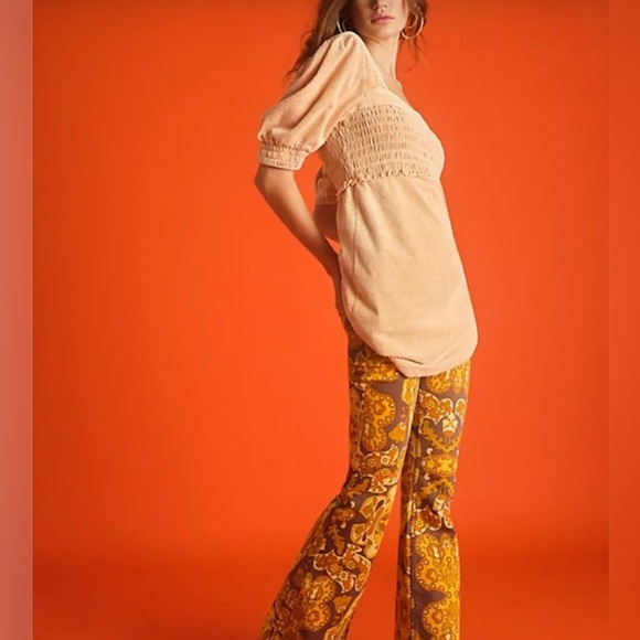 Free People Moon Flower Mini Dress Corduroy Pale Yellow Orange Puff Sleeve - Picture 3 of 13